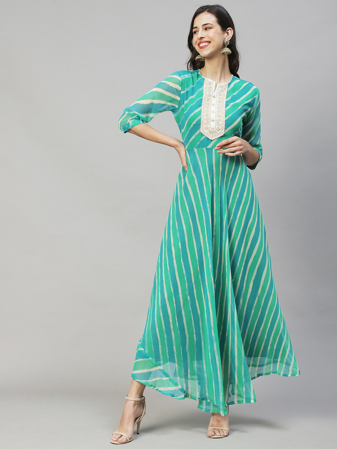 

FASHOR Women Turquoise Blue Striped Maxi Dress