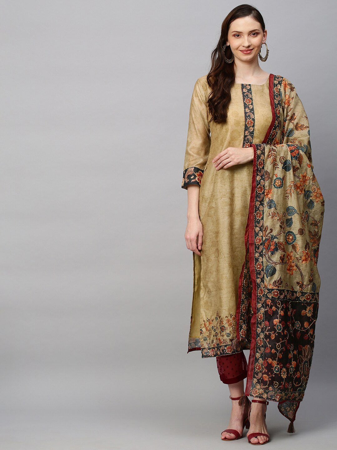 

FASHOR Women Khaki Paisley Embroidered Chanderi Silk Kurta
