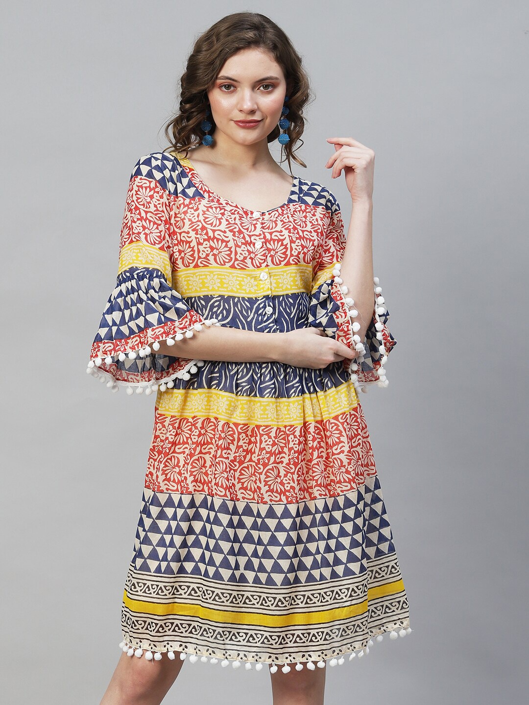

FASHOR Navy Blue & Orange Ethnic Motifs Pure Cotton A-Line Dress