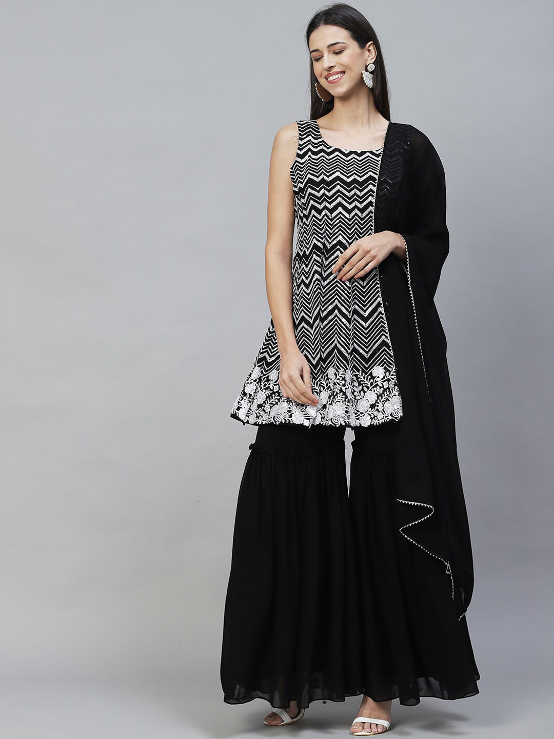 

FASHOR Women Black Embroidered Anarkali Sequinned Kurta with Sharara & Dupatta