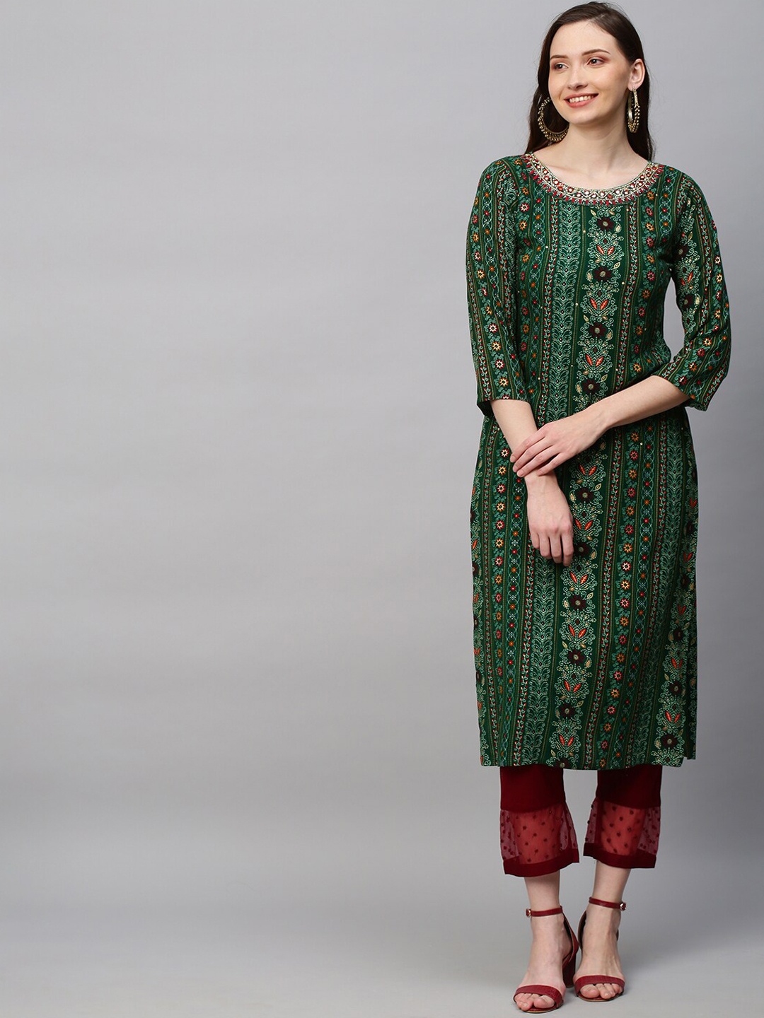 

FASHOR Women Green Ethnic Motifs Embroidered Thread Work Kurta