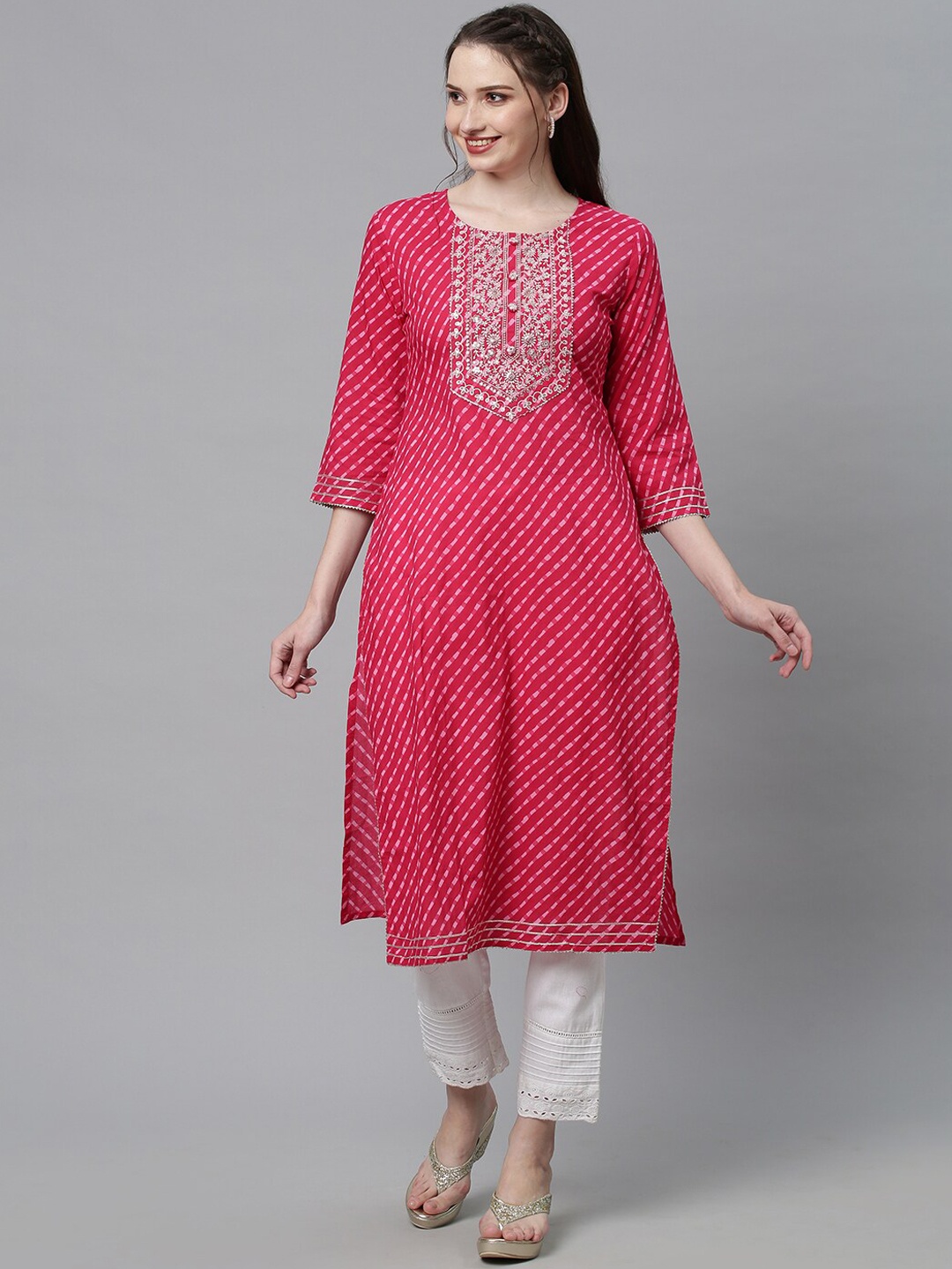 

FASHOR Women Pink Leheriya Printed Cotton Straight Fit Kurta