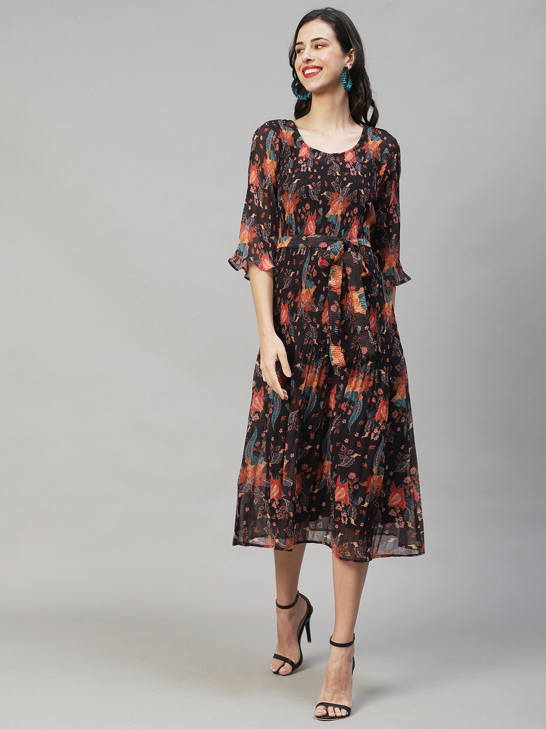 

FASHOR Women Coffee Brown & Orange Floral Georgette Midi Dress