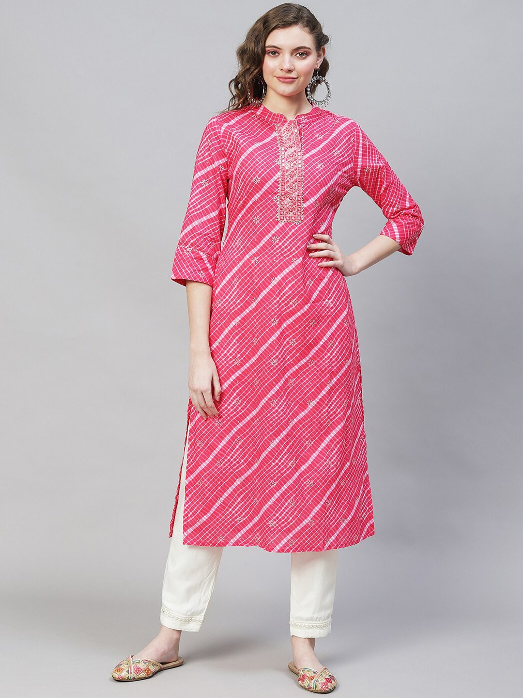 

FASHOR Women Pink Striped Gotta Patti Kurta