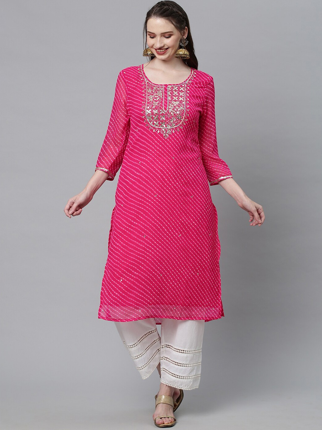 

FASHOR Women Pink Ethnic Motifs Printed Thread Work Georgette Kurta