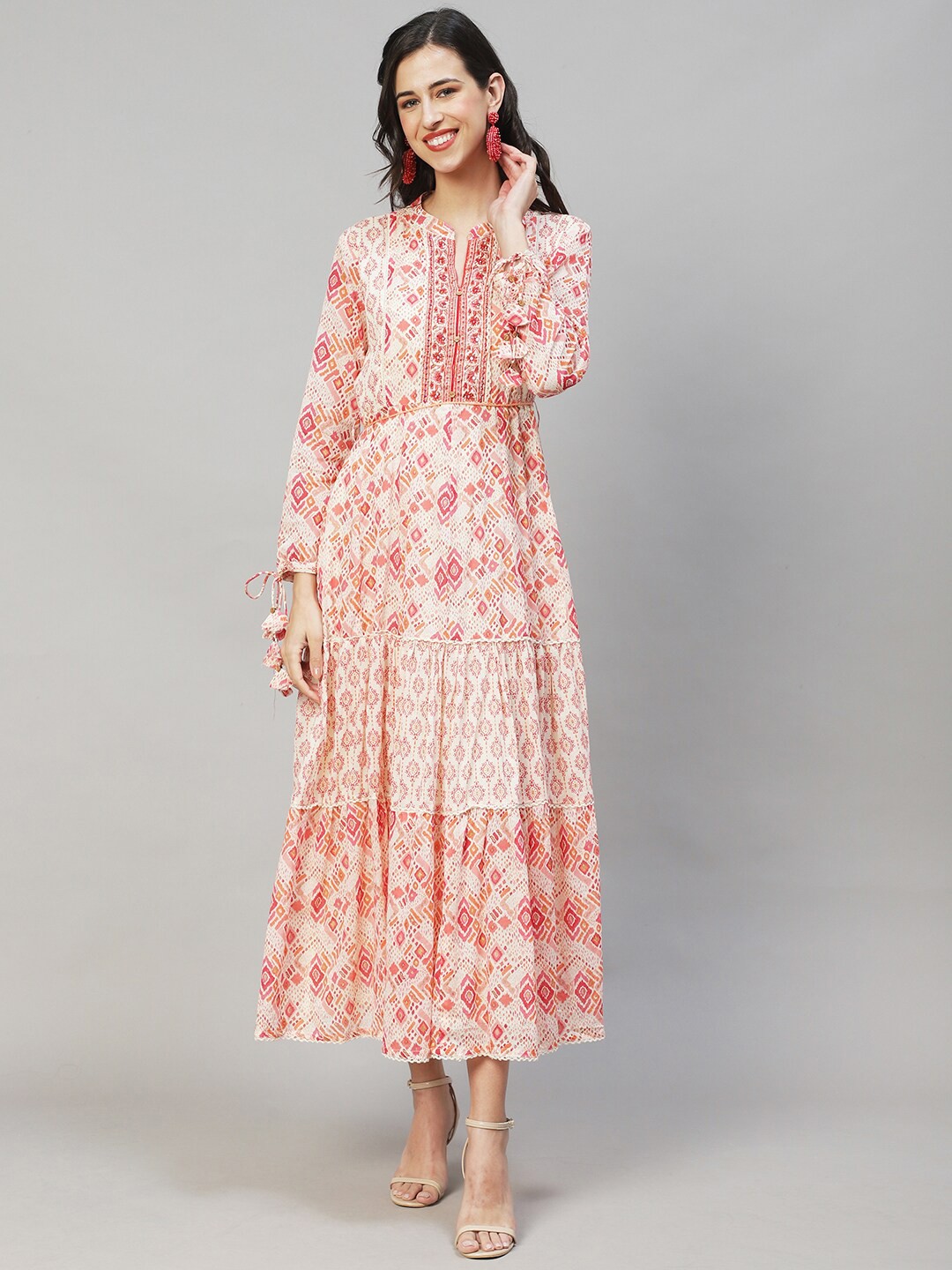 

FASHOR Women Off White & Orange Pure Cotton Maxi Dress