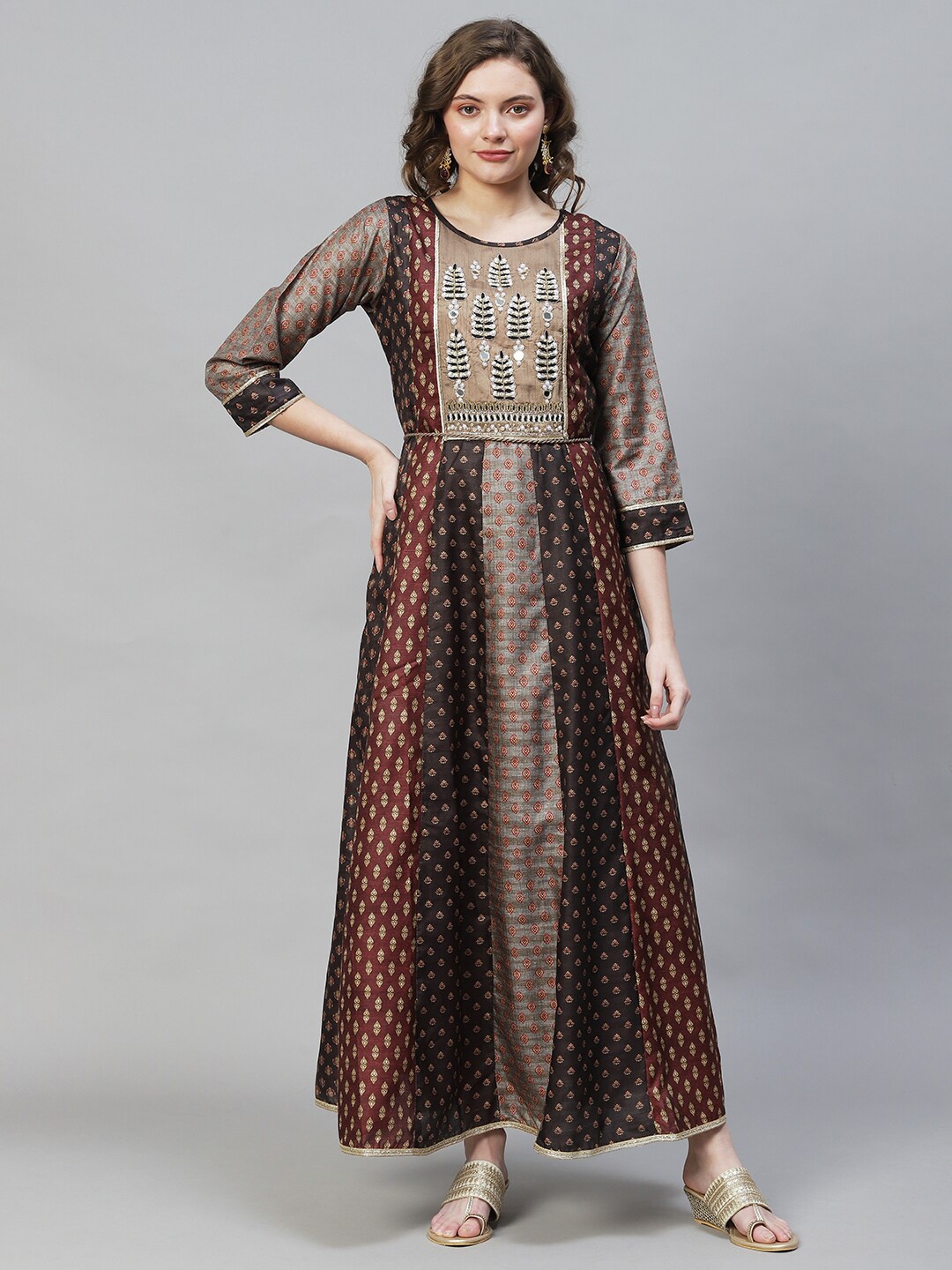 

FASHOR Women Brown & Coffee Brown Ethnic Motifs Maxi Dress