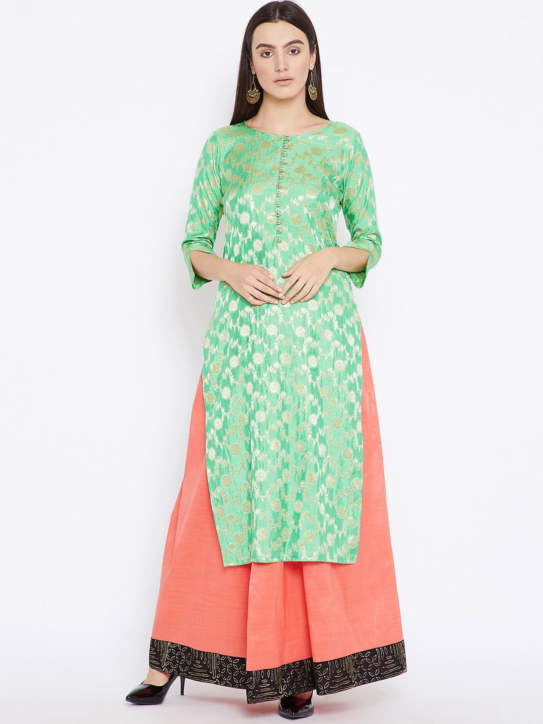 

AgrohA Women Green Floral Printed Kurta with Skirt Set