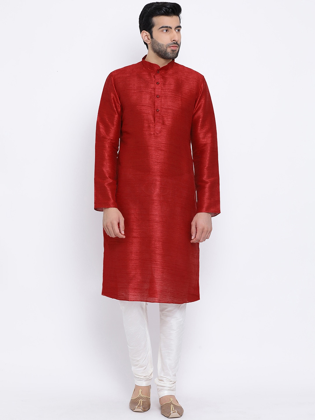 

NAMASKAR Men Maroon Solid Dupion Silk Straight Kurta