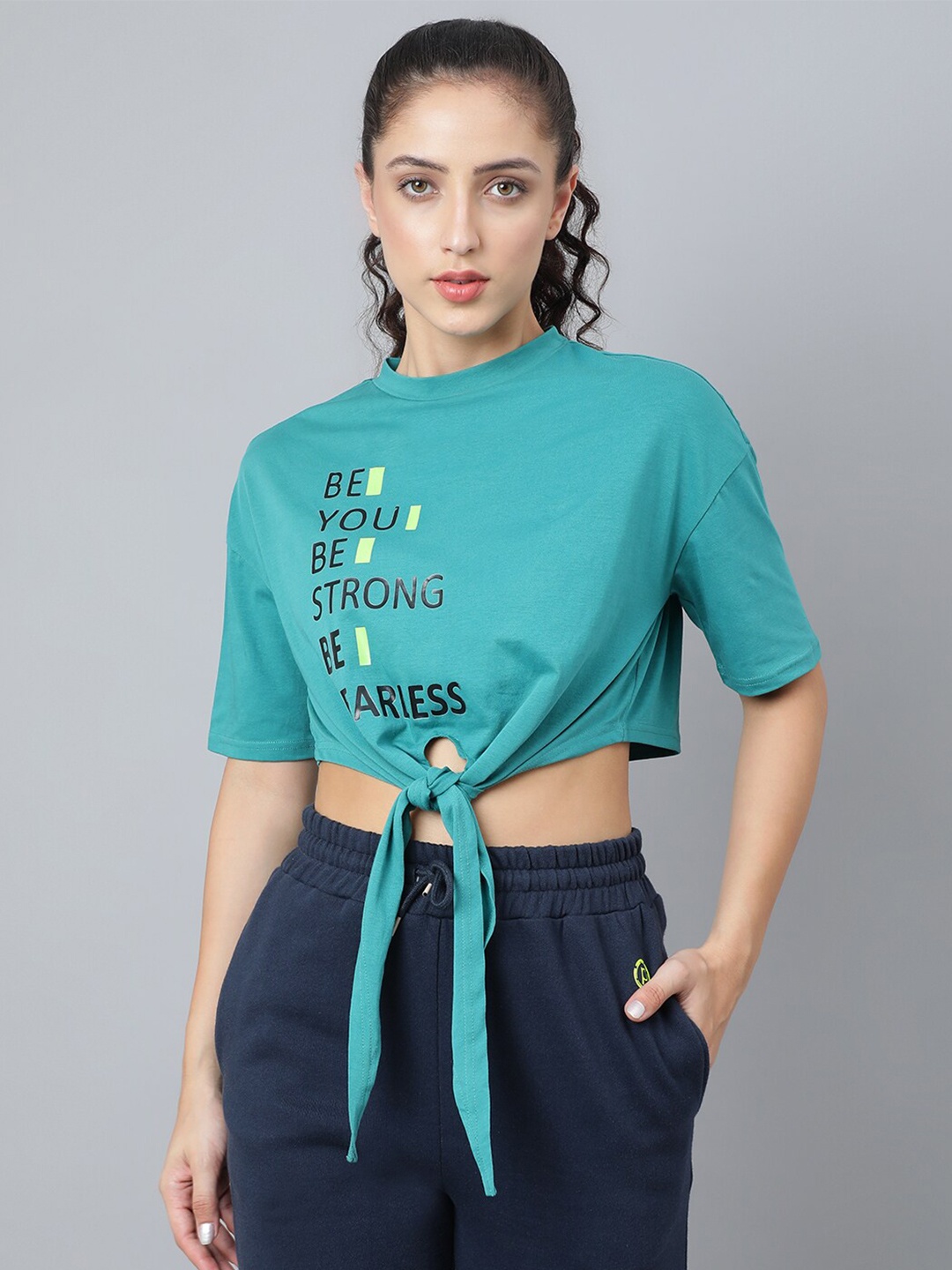 

Pritla Women Teal Typography Printed Organic Cotton Crop Top