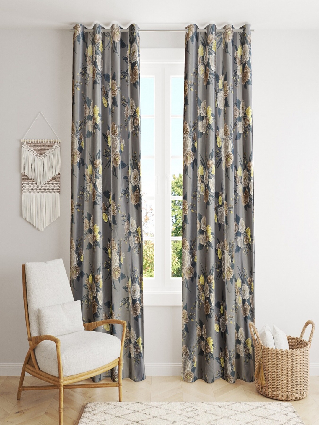 

Homefab India Set of 2 Floral Room Darkening Door Curtains, Grey