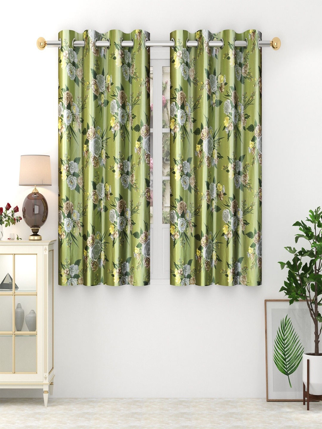 

Homefab India Set of 2 Floral Room Darkening Window Curtain, Green