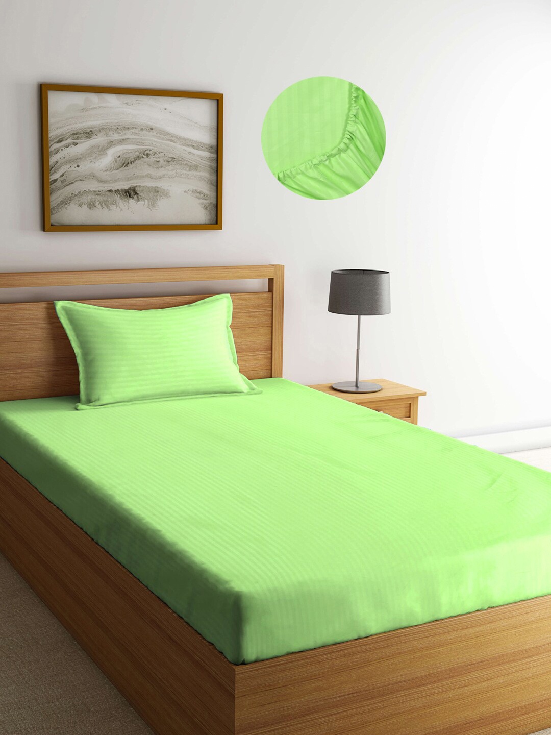 

KLOTTHE Green Striped 300 TC Fitted Single Bedsheet with Pillow Cover