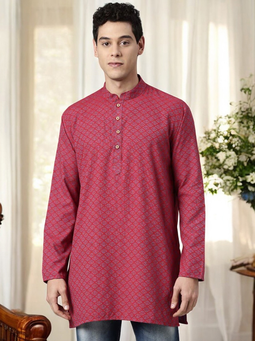 

TATTVA Men Magenta Geometric Printed Thread Work Kurta
