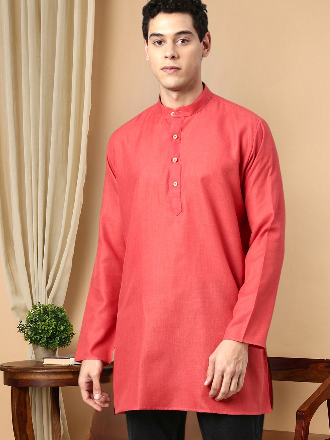 

TATTVA Men Peach-Coloured Solid Pure Cotton Kurta
