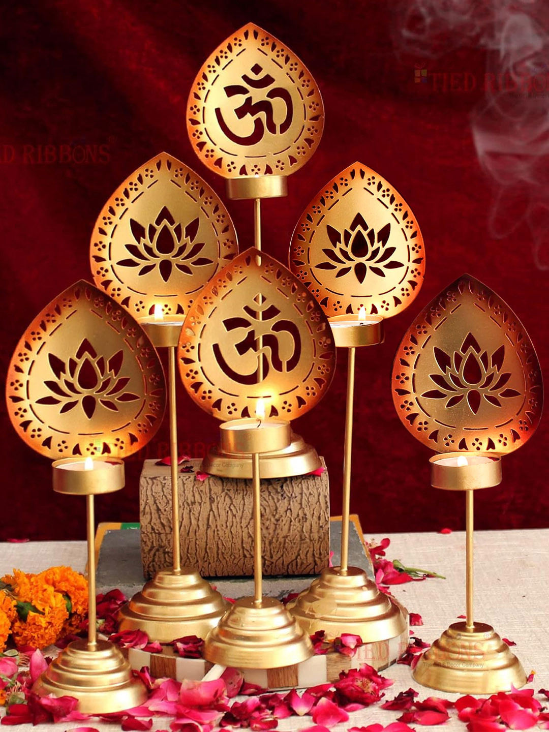 

TIED RIBBONS Set Of 6 Gold-Toned Textured Metal Tea-Light Candle Holder With Stand