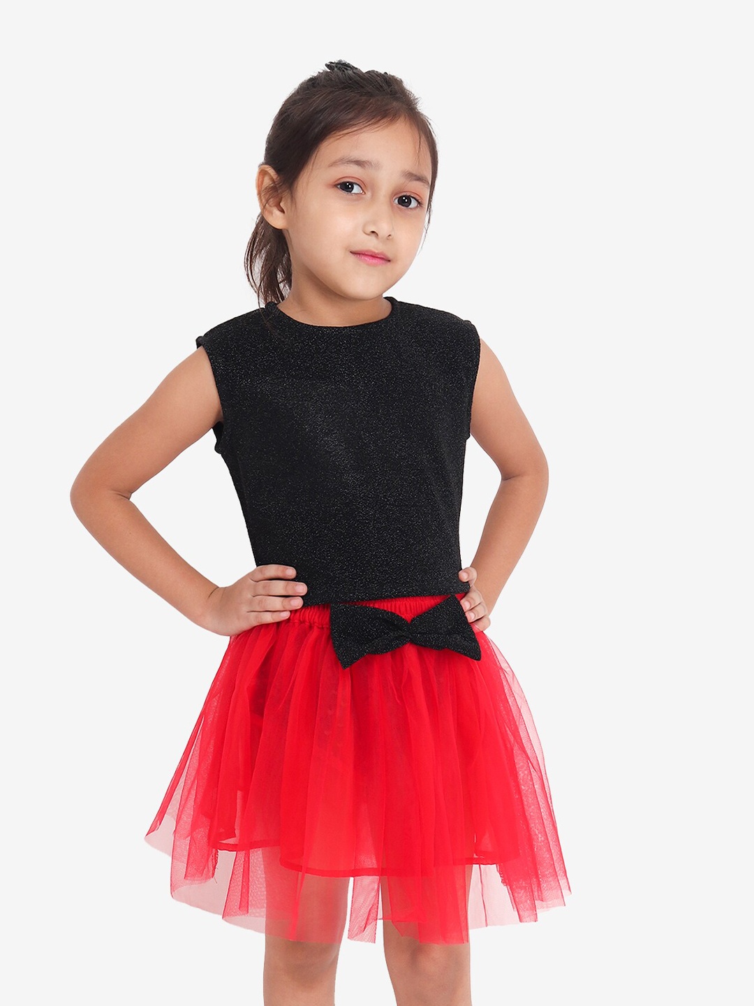 

YK Girls Black Shimmer Crop Top with Red Tulle Skirt Set