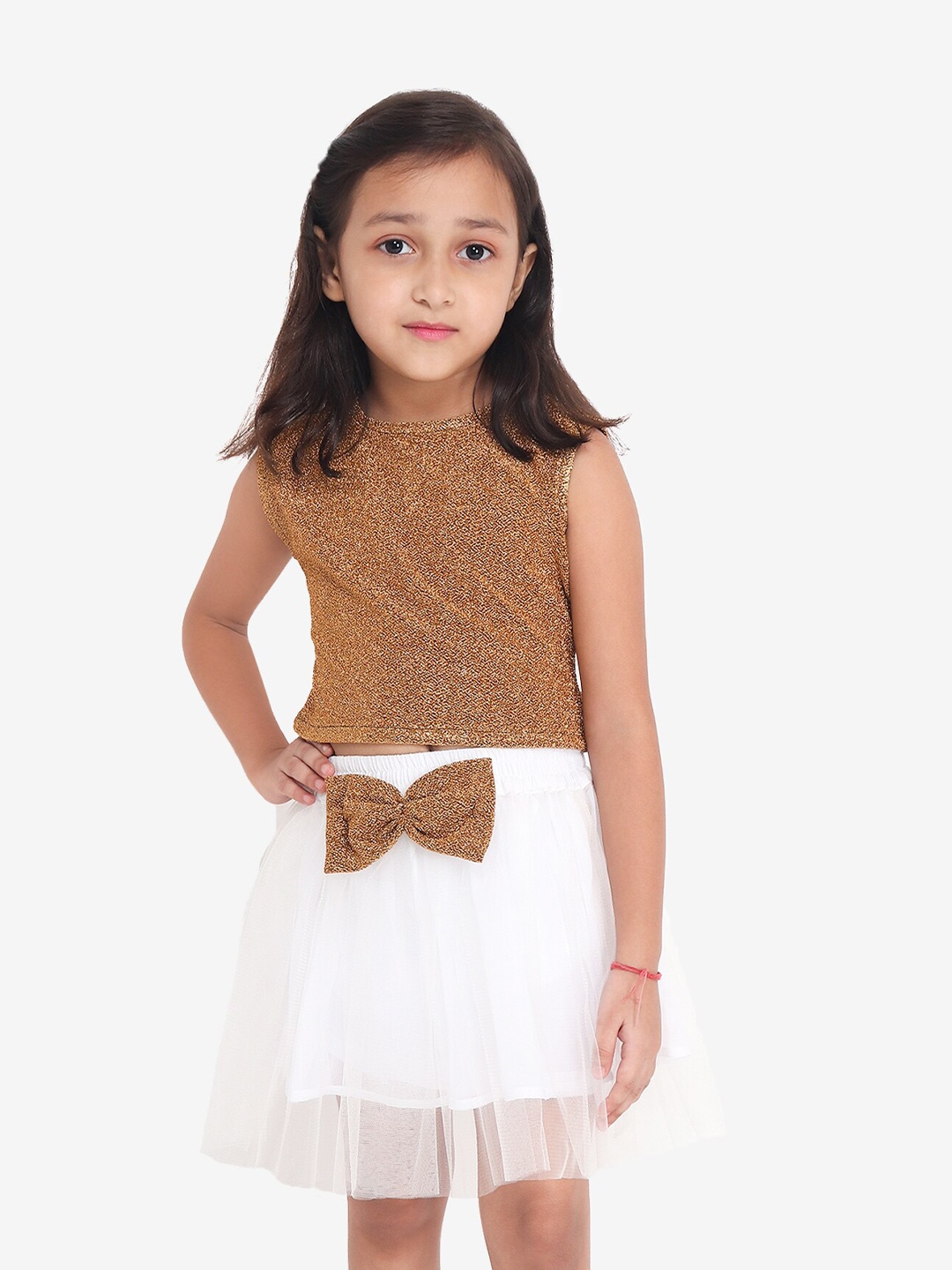 

YK Girls Golden & White Shimmer Crop Top with Tulle Skirt Set, Gold
