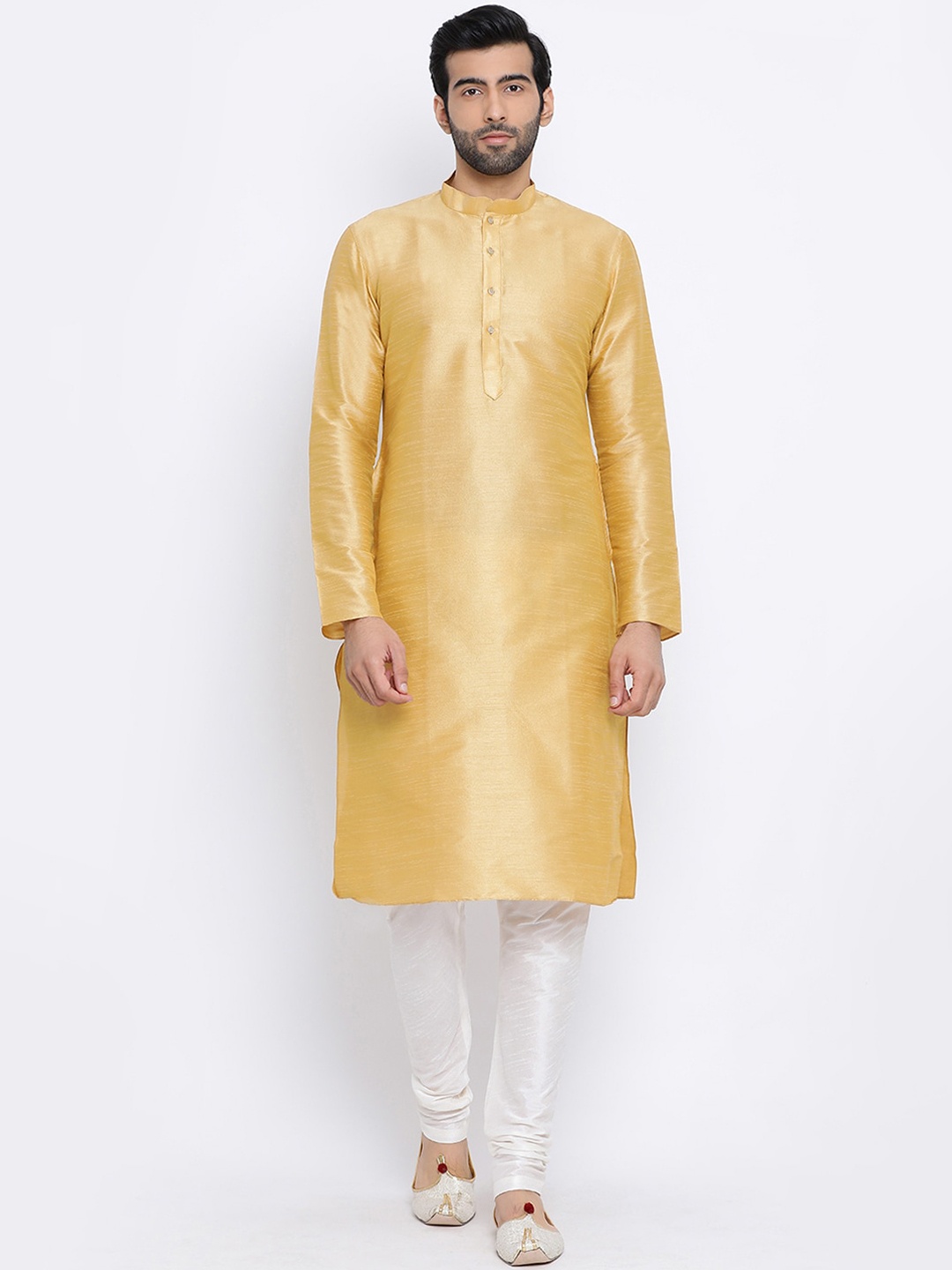 

NAMASKAR Men Yellow Dupion Silk Solid Kurta with Churidar