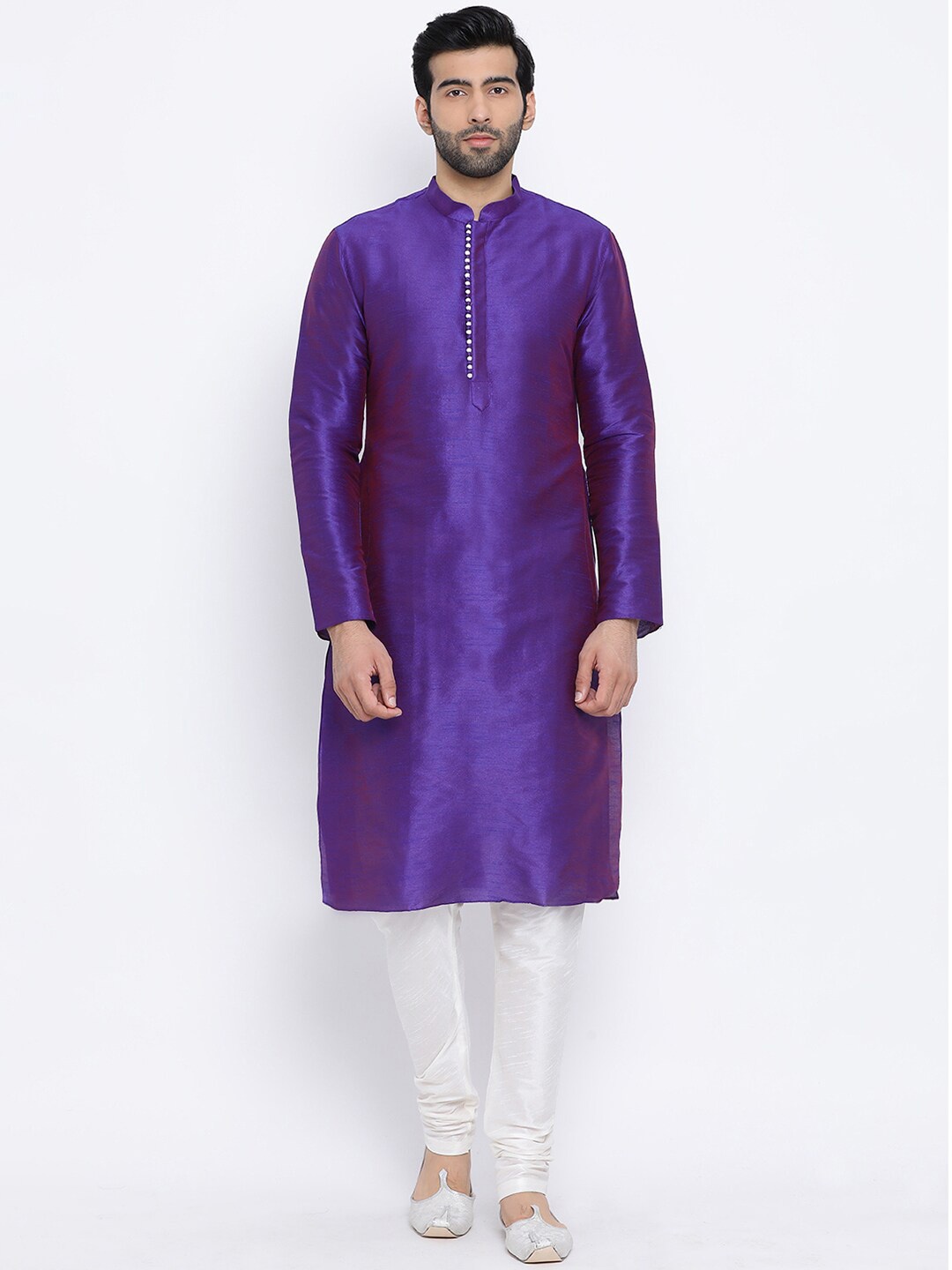 

NAMASKAR Men Purple Solid Dupion Silk Kurta with Churidar