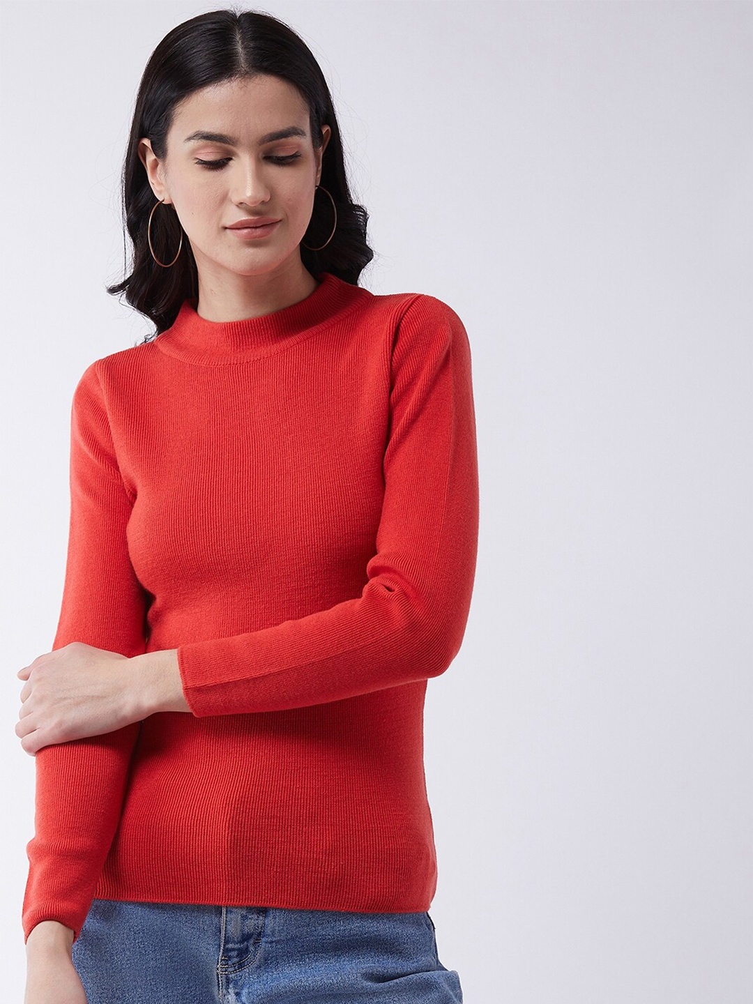 

RVK Women Orange Ribbed Pullover Sweater