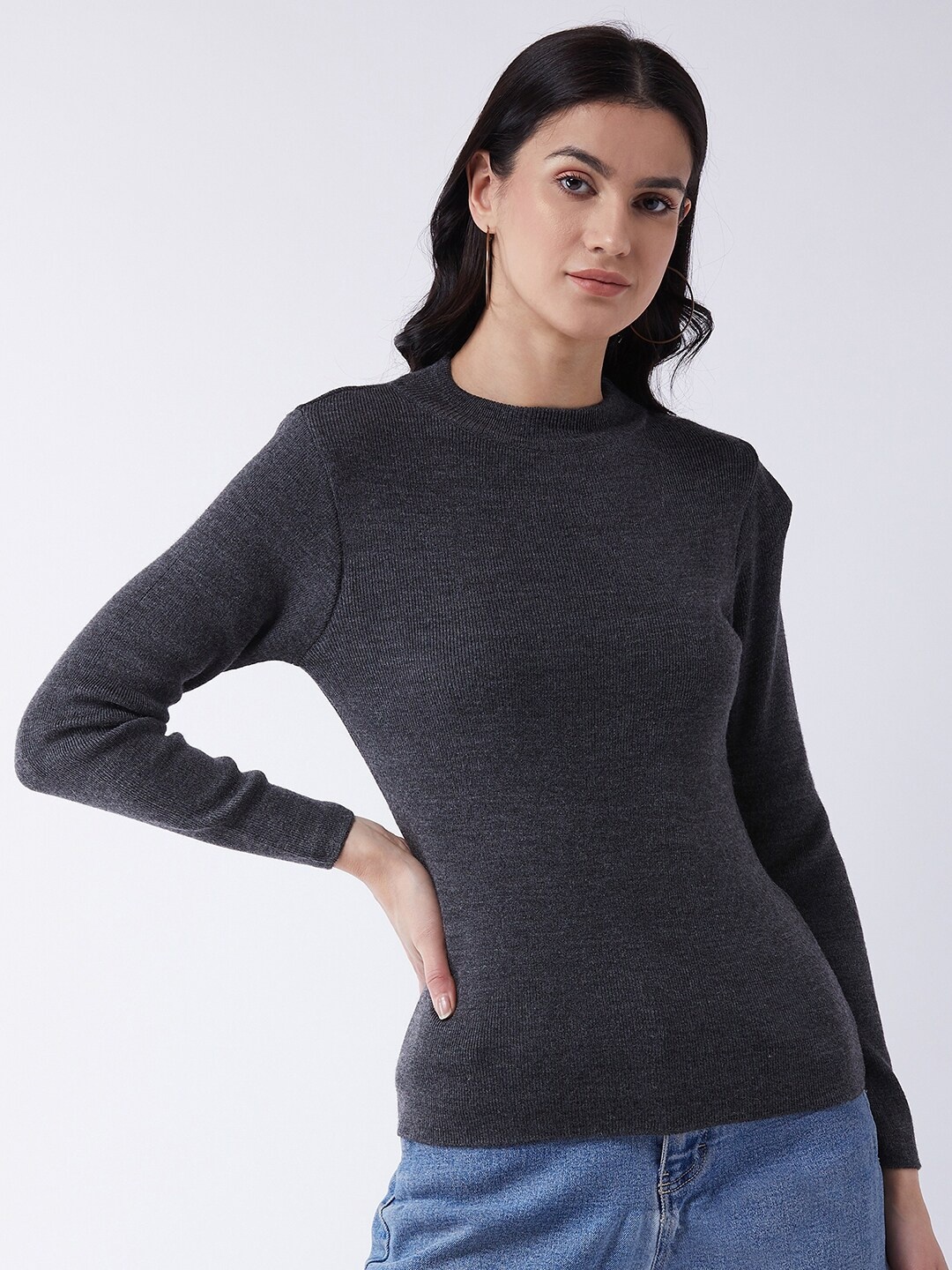 

RVK Women Charcoal Ribbed Pullover Sweater