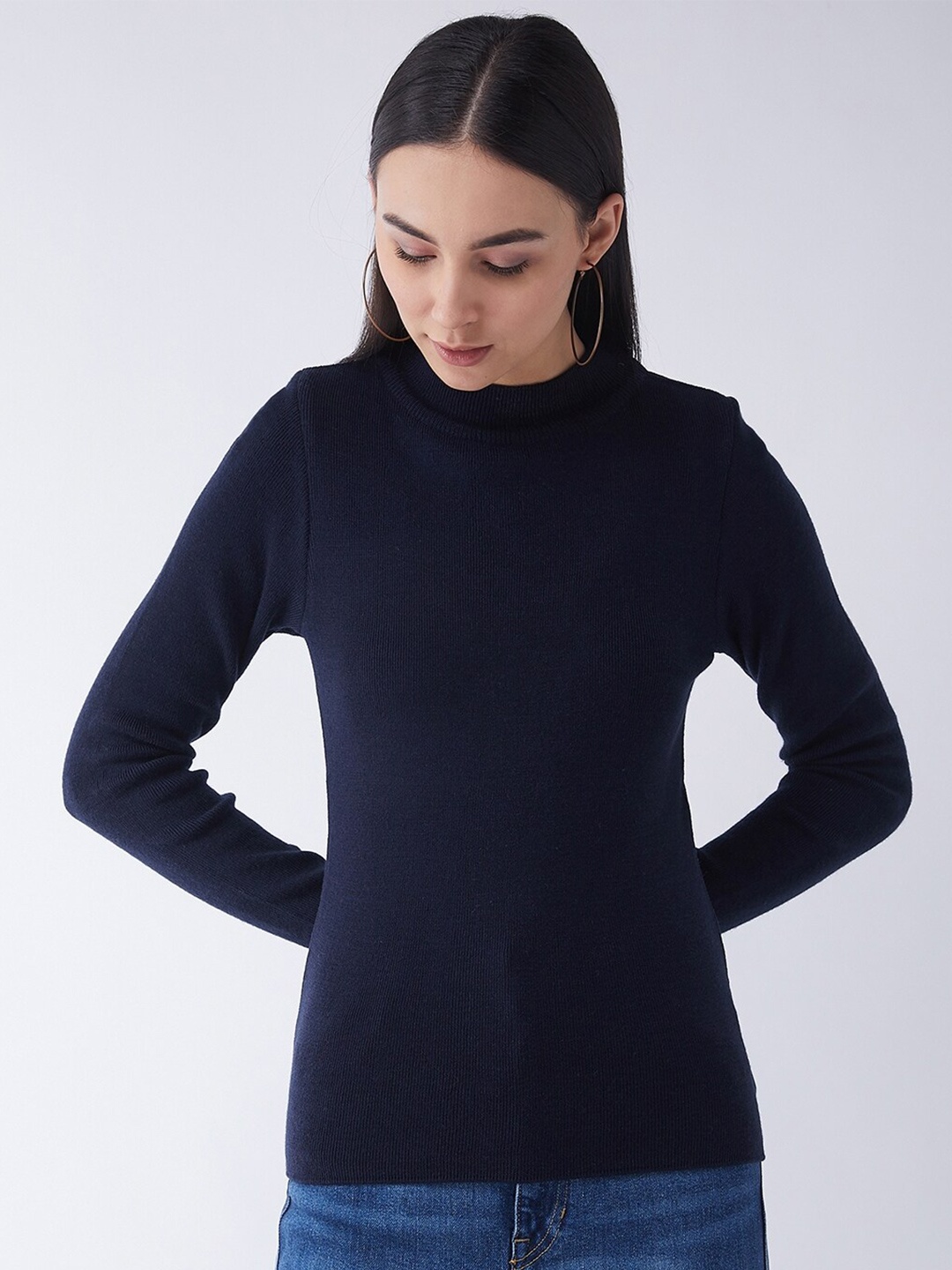 

RVK Women Navy Blue Ribbed Pullover Sweater