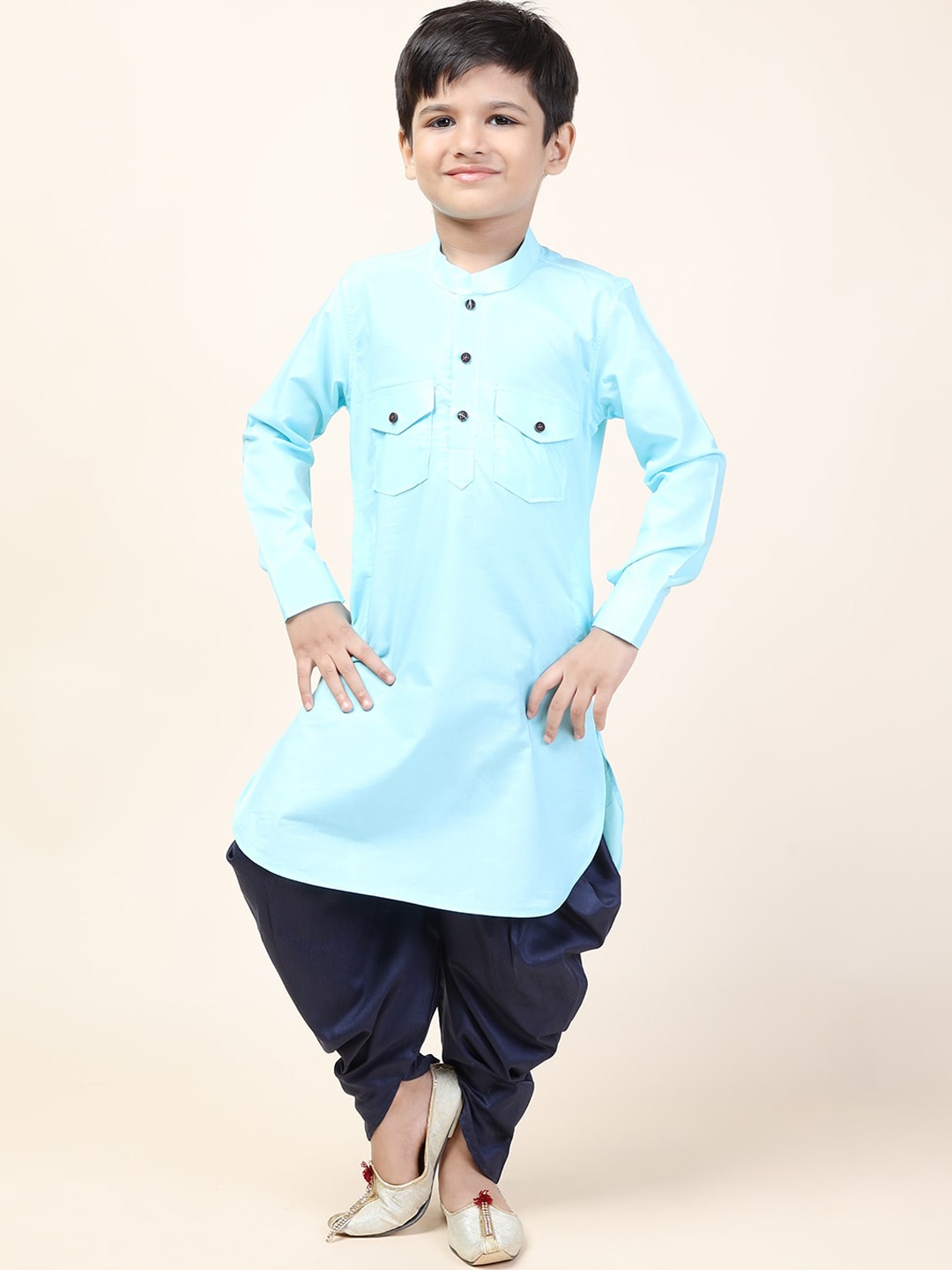 

NAMASKAR Boys Blue Embroidered Thread Work Pathani Kurta