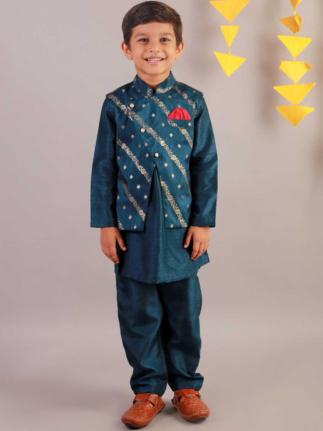 

LIL DRAMA Boys Teal Floral Angrakha Kurta with Pyjama and Jacket