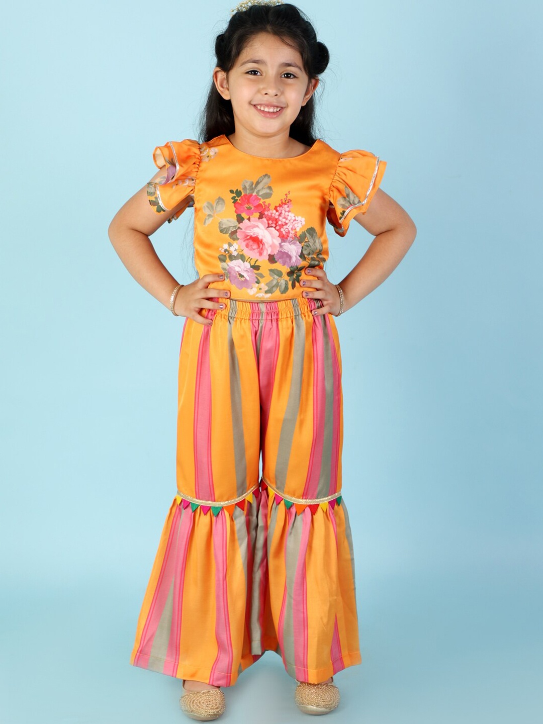 

LIL DRAMA Girls Printed Top with Palazzos, Yellow