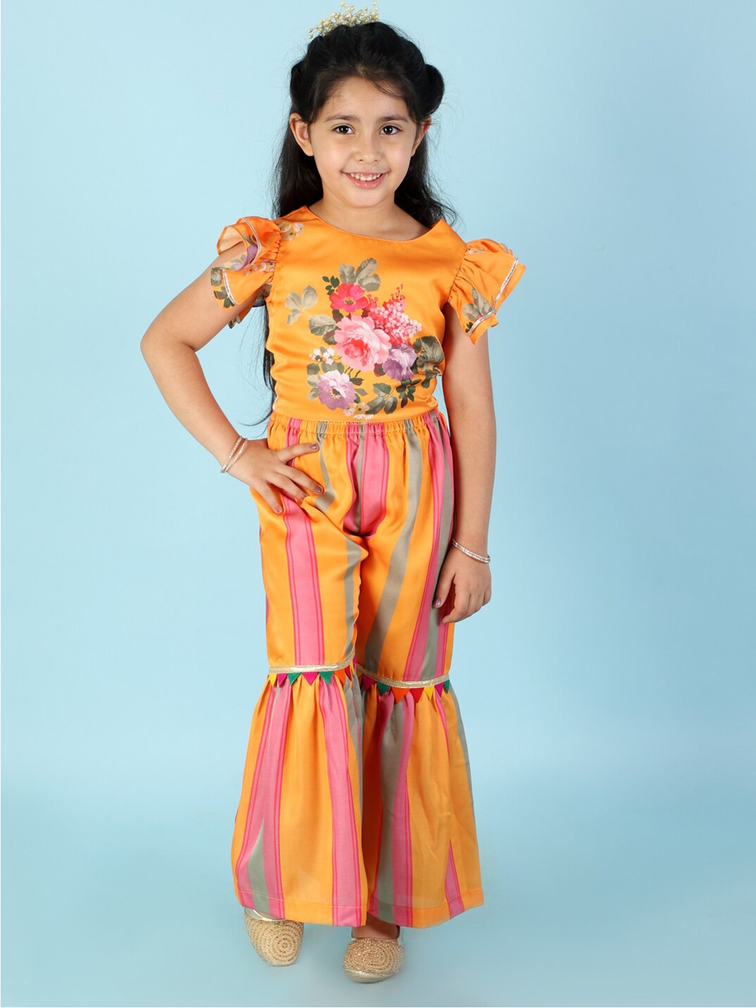 

LIL DRAMA Girls Printed Top with Palazzos, Yellow