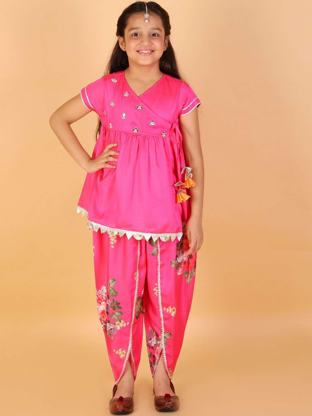 

LIL DRAMA Girls Pink Floral Printed Sequinned Kurta with Dhoti Pants