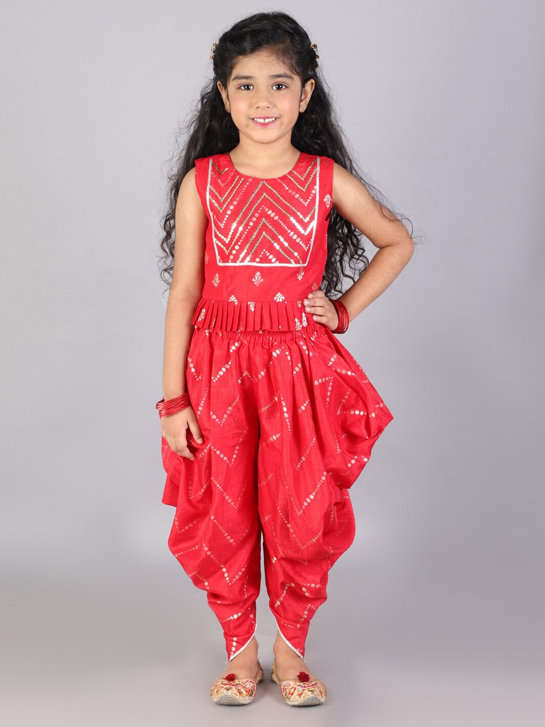 

LIL DRAMA Girls Printed Top With Dhoti Pants, Red