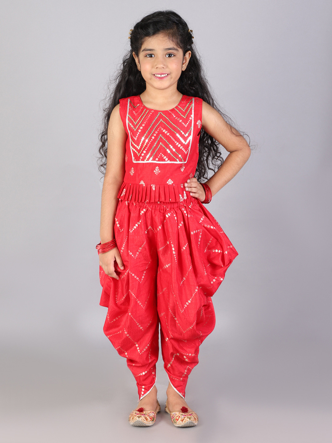 

LIL DRAMA Girls Printed Top With Dhoti Pants, Red