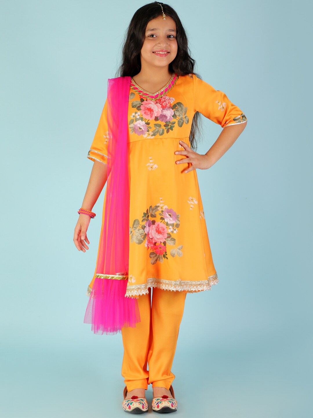 

LIL DRAMA Girls Yellow Floral Printed Kurta with Pyjamas & With Dupatta