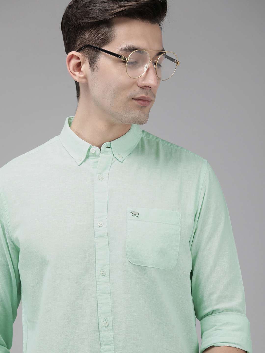 

THE BEAR HOUSE Men Green Solid Slim Fit Casual Shirt