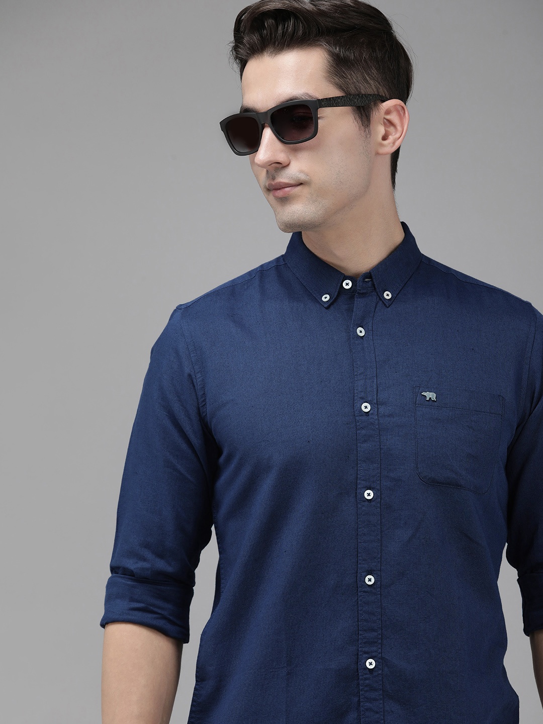 

THE BEAR HOUSE Men Navy Blue Solid Slim Fit Casual Shirt