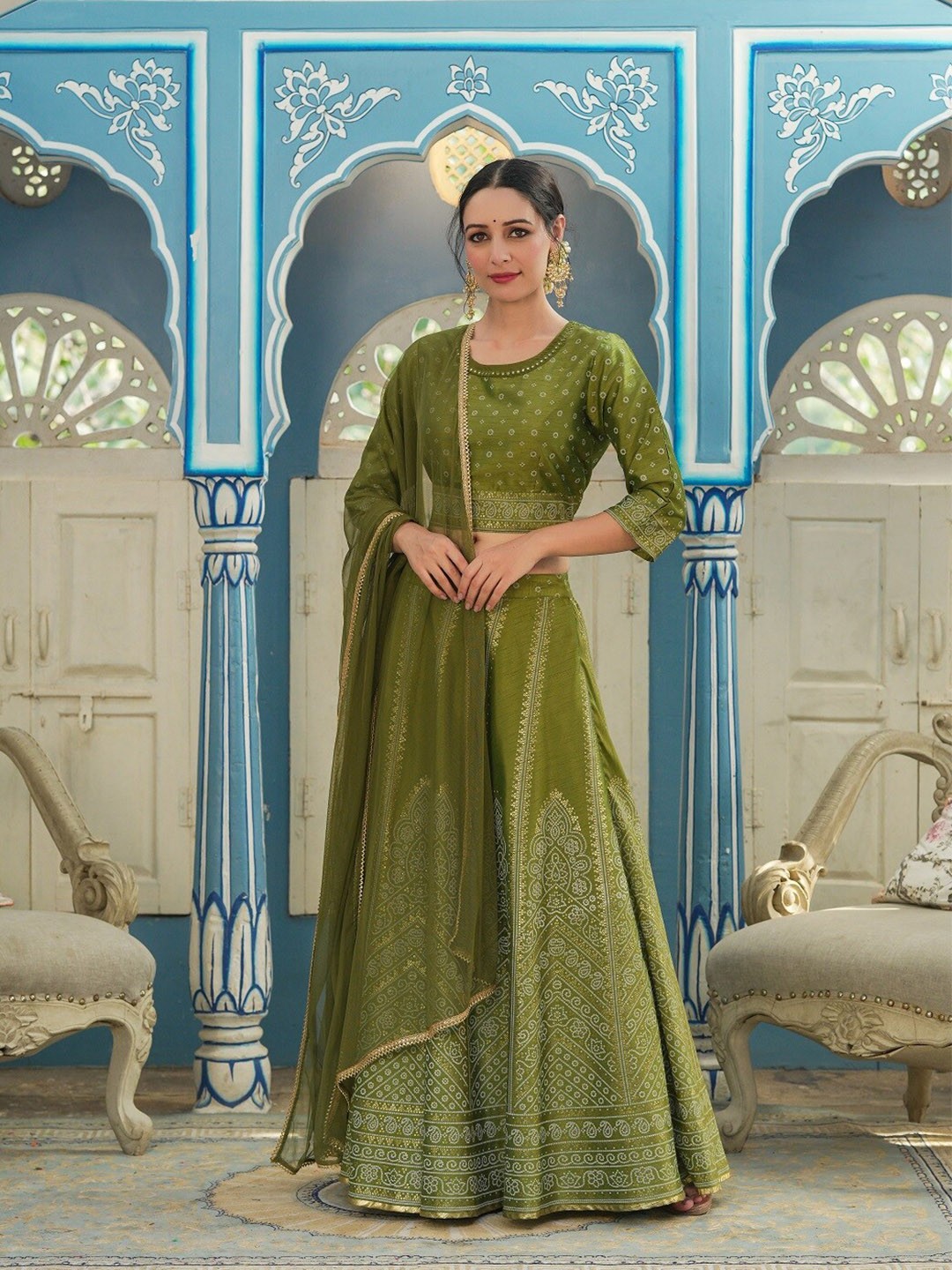 

Juniper Green & Gold-Toned Printed Ready to Wear Lehenga & Choli With Dupatta