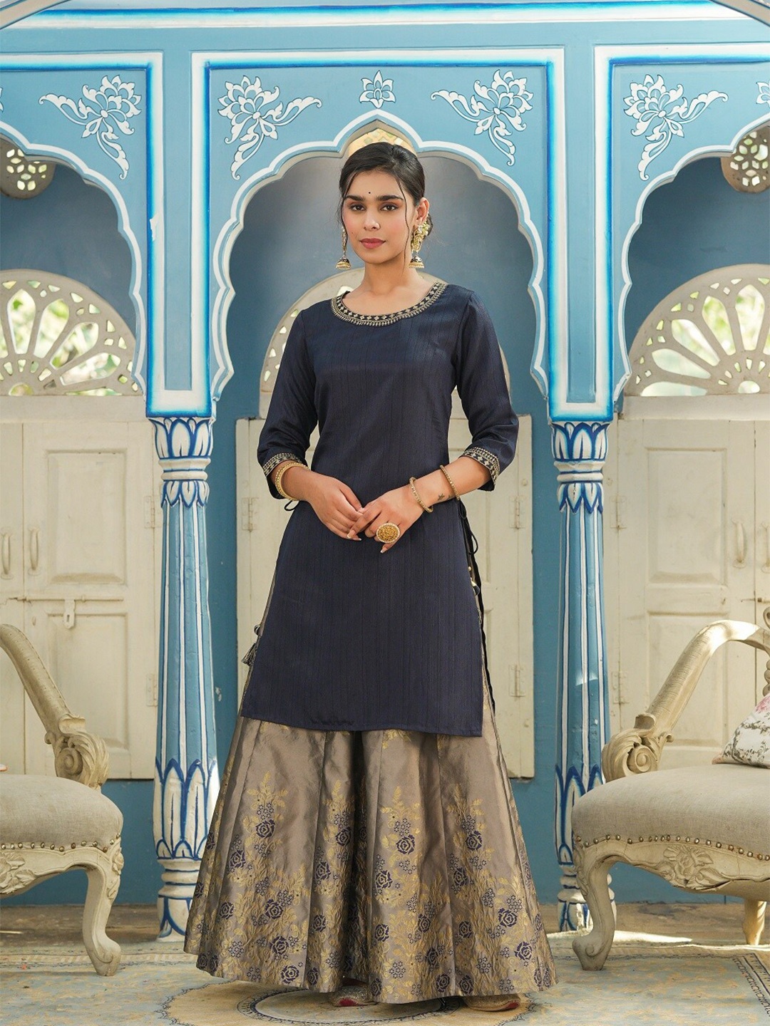 

Juniper Blue & Grey Foil Print Ready to Wear Lehenga & Solid Kurta