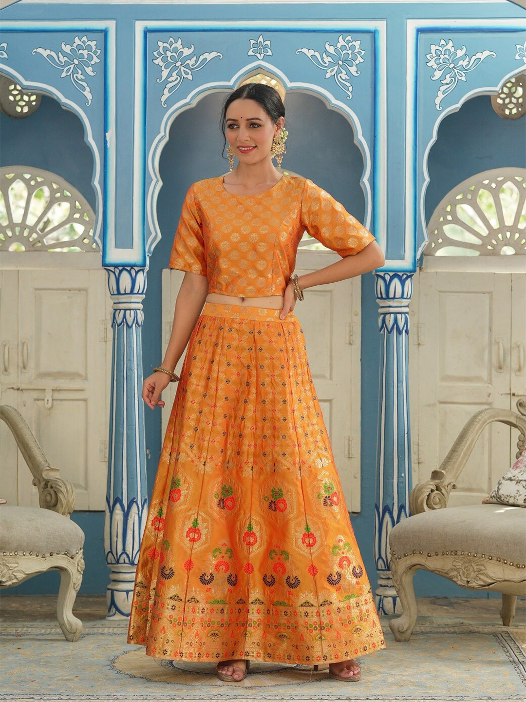 

Juniper Mustard & Gold-Toned Embellished Foil Print Ready to Wear Lehenga & Choli