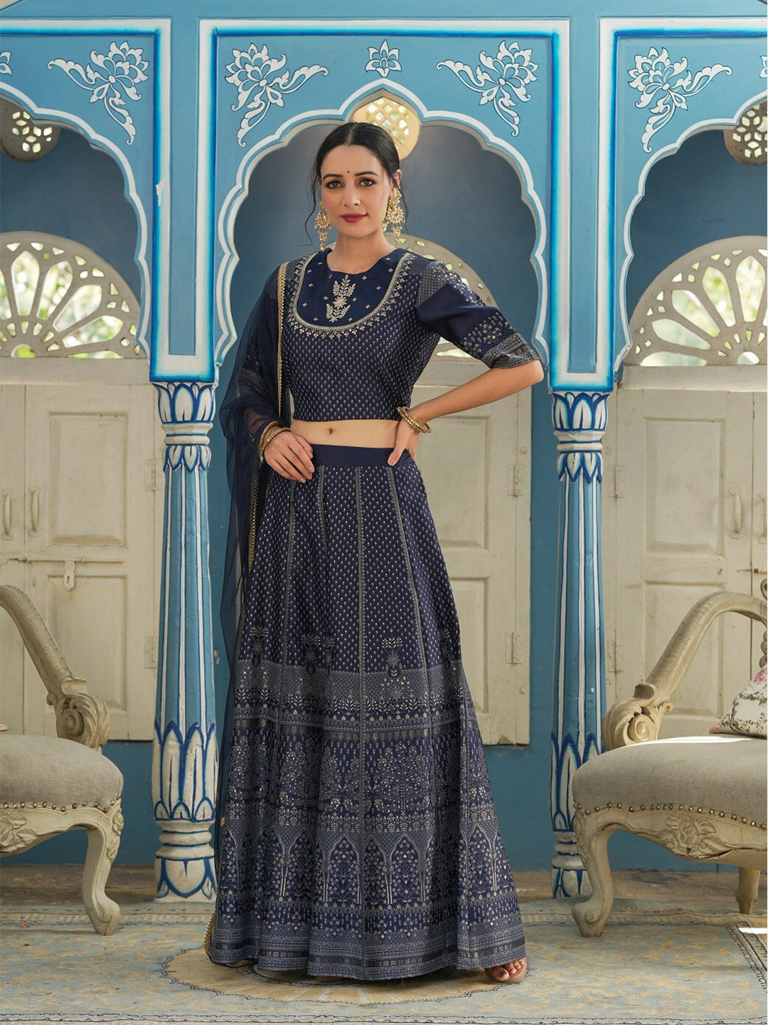 

Juniper Navy Blue & Gold-Toned Embroidered Ready to Wear Lehenga & Blouse With Dupatta
