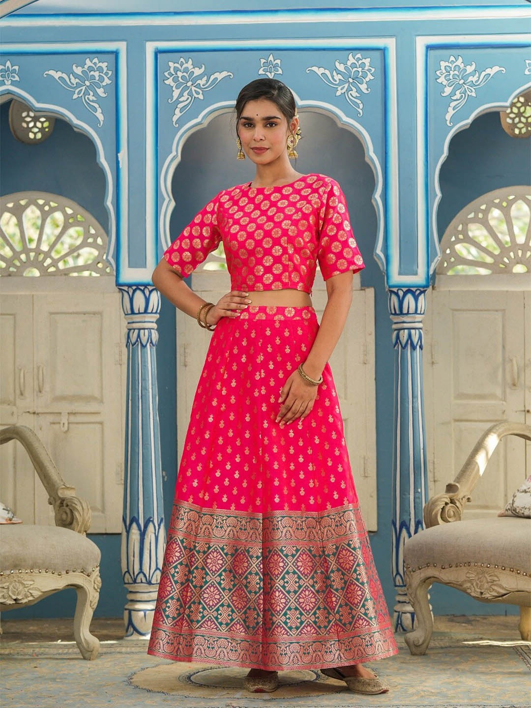 

Juniper Fuchsia & Gold-Toned Embellished Foil Print Ready to Wear Lehenga & Choli