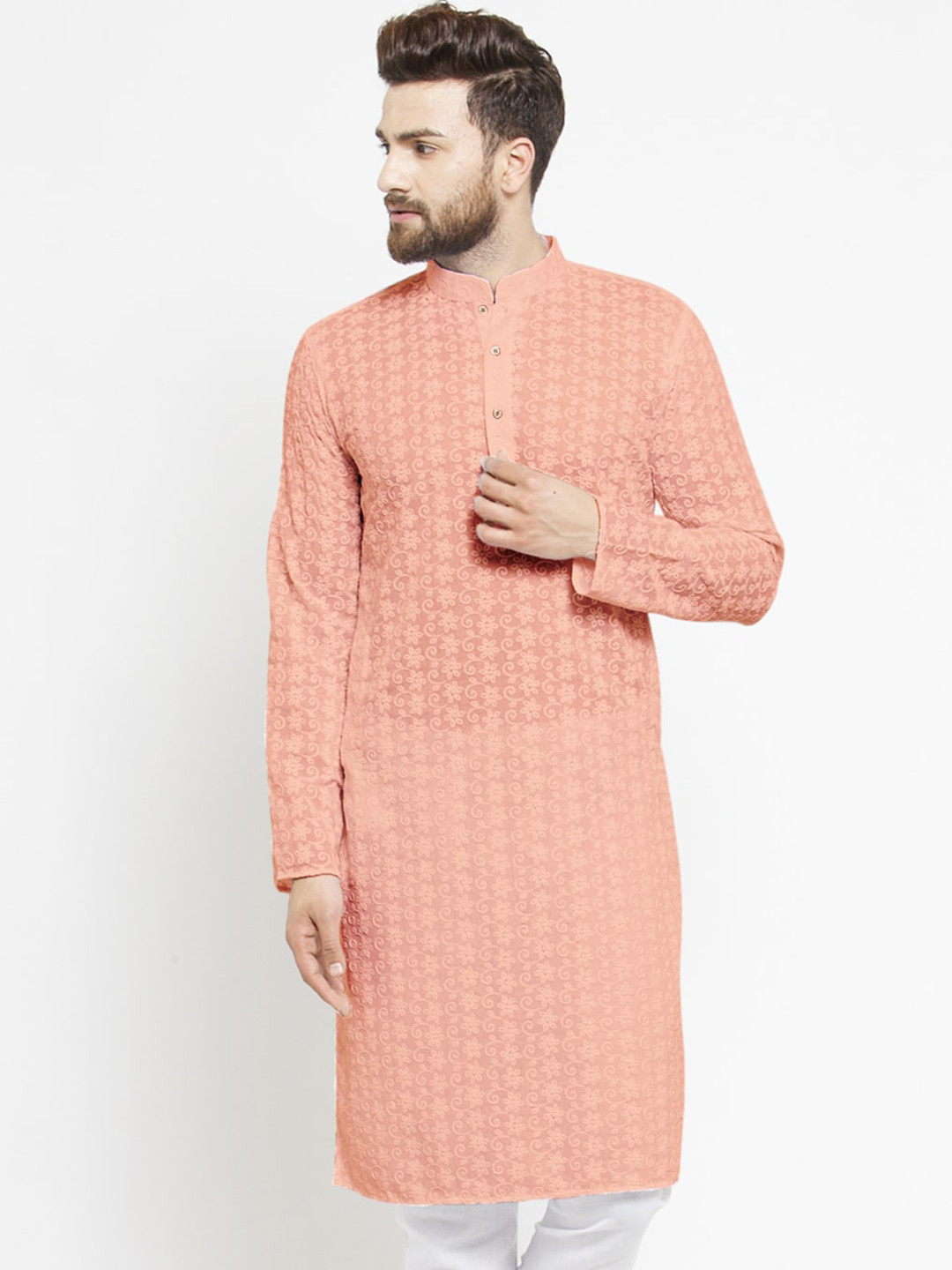 

TREEMODA Men Pink Floral Thread Work Kurta