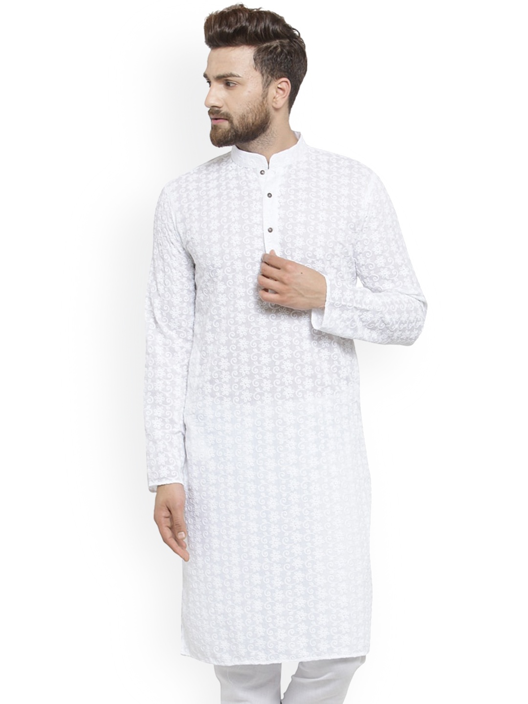 

TREEMODA Men White Embroidered Chikankari Straight Kurta