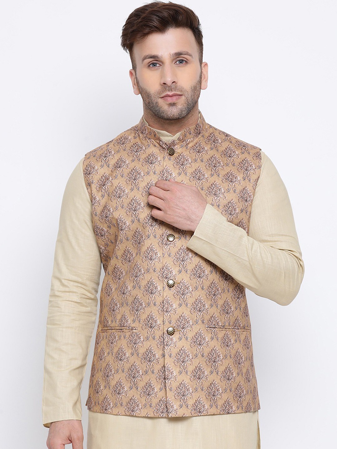 

NAMASKAR Men Brown Printed Nehru Jacket