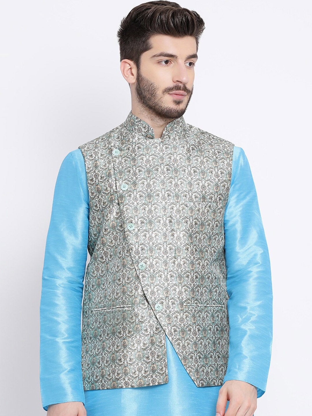

NAMASKAR Men Green Woven Design Pure Silk Nehru Jacket