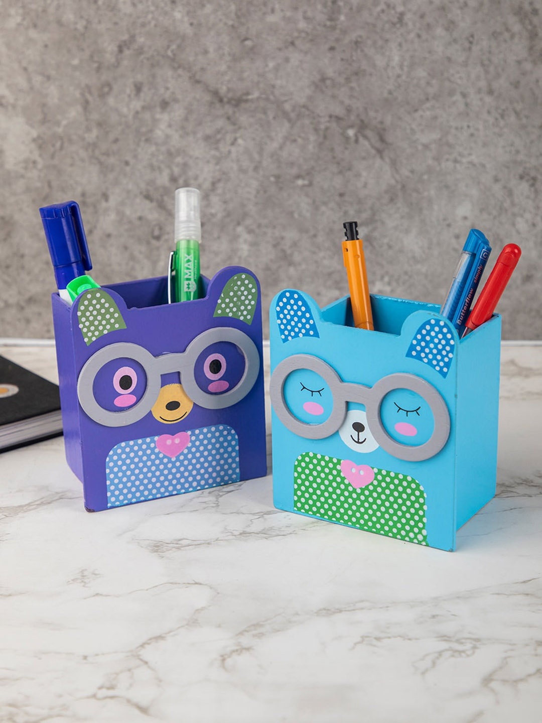 

MARKET99 Set of 2 Blue & Purple Animal Design Wooden Pen Stand