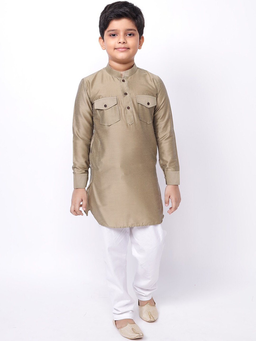 

NAMASKAR Boys Cotton Solid Kurta with Churidar, Brown