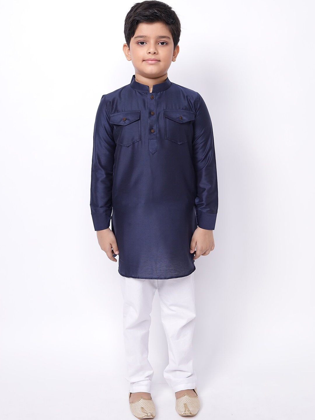 

NAMASKAR Boys Cotton Solid Kurta with Churidar, Blue