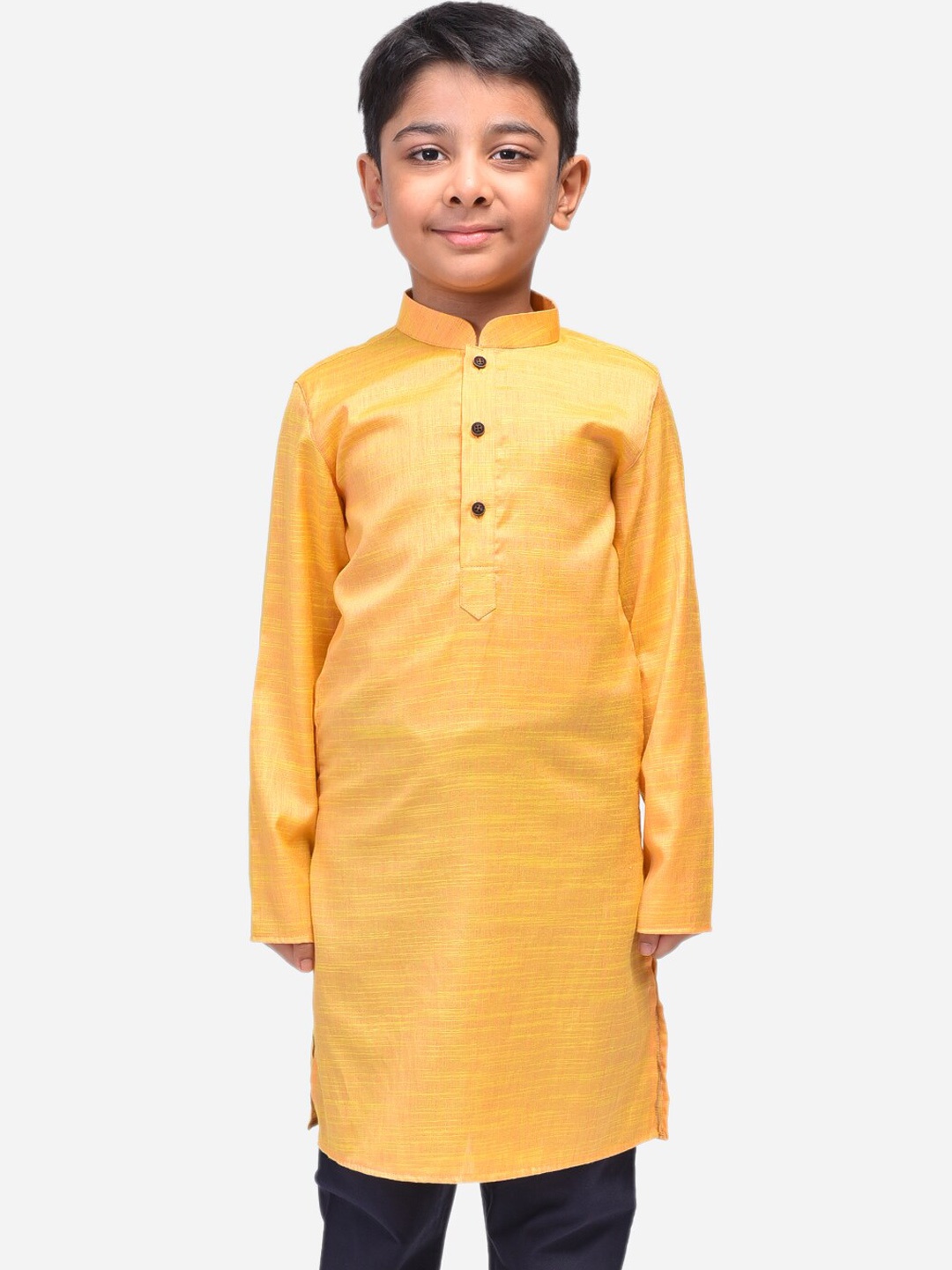 

NAMASKAR Boys Mustard Yellow Cotton Linen Solid Kurta with Churidar
